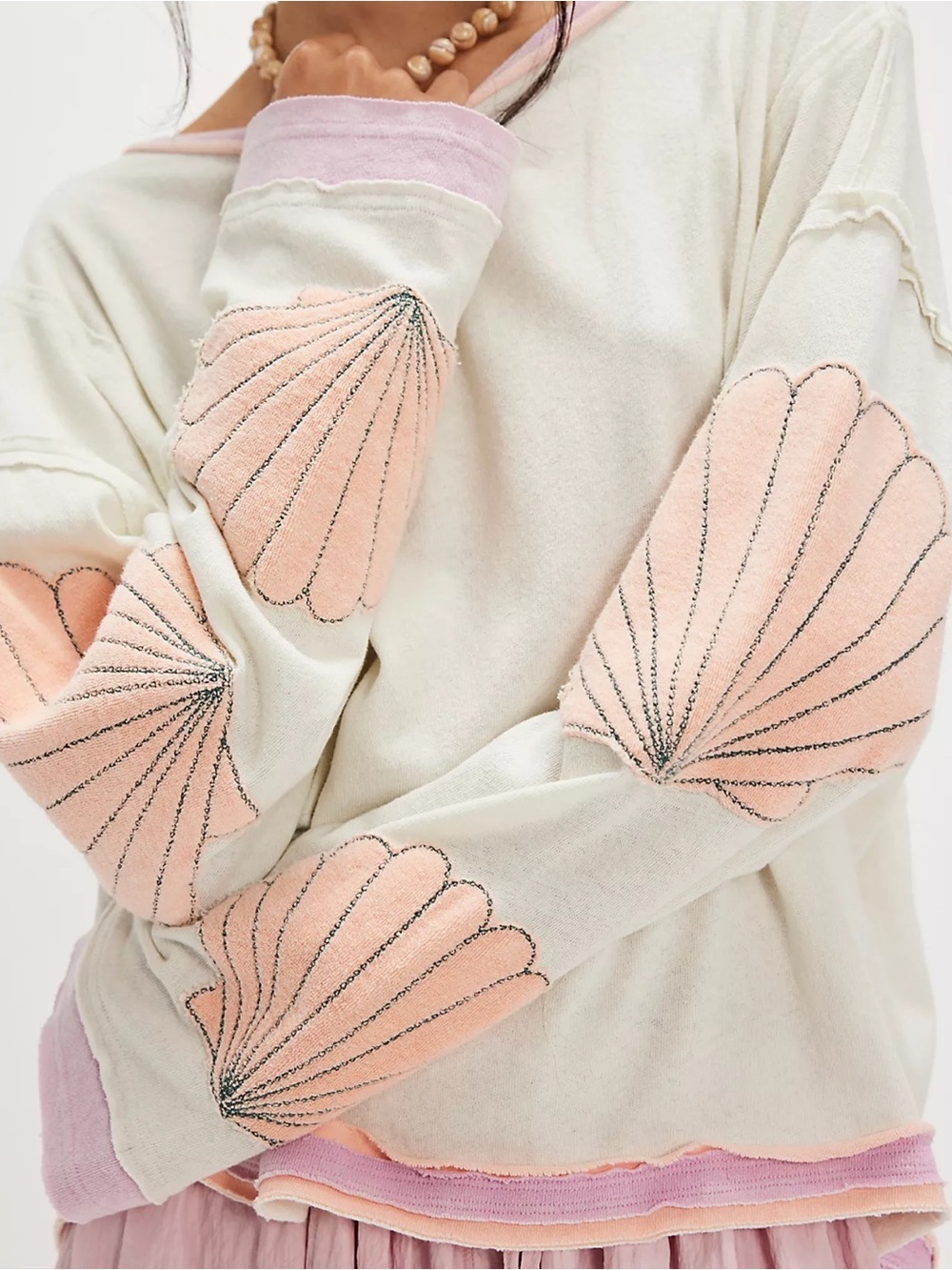 We the Free you’re a star tree White Long Sleeve Top with Pink Shell Appliqué XS